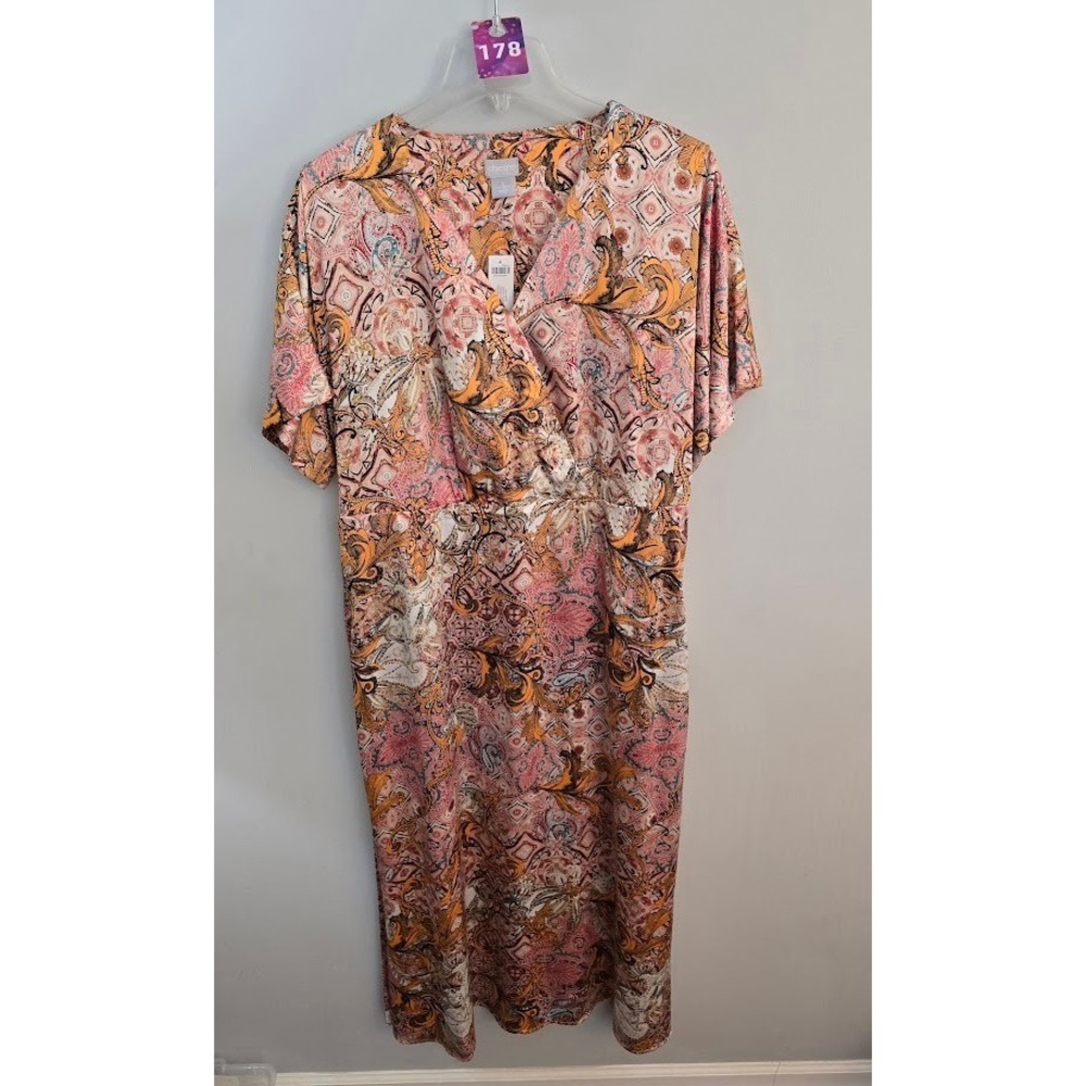 Chico's Womens Midi Dress Pink Orange Paisley V-Neck Short Sleeve Size 2(L) NEW